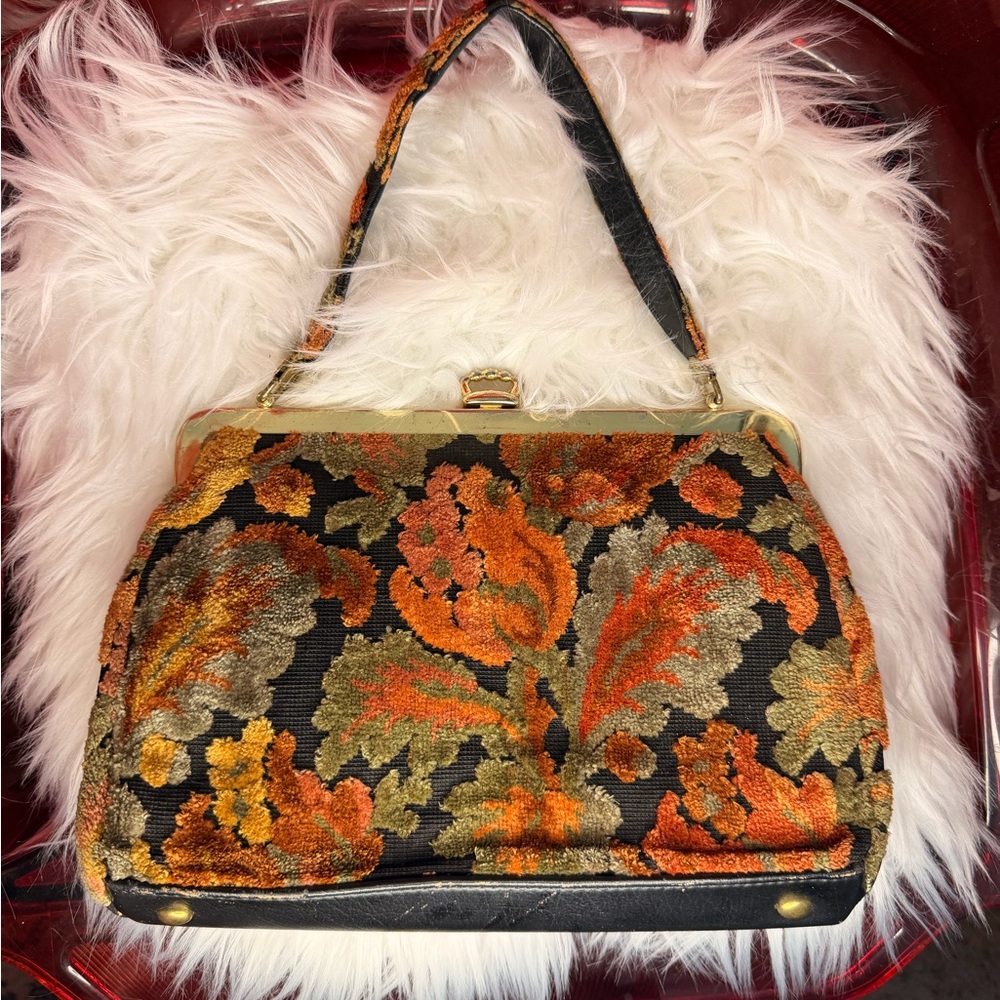 JR usa 1960s Vintage Floral Tapestry Handbag in Orange and Gold